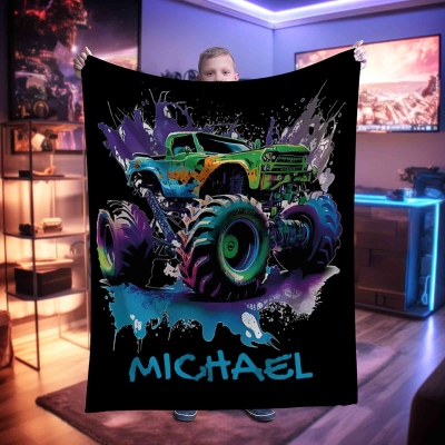 Personalized Name Monster Truck Blanket, Flannel/Sherpa Soft Bed Couch Throw, Bedroom Home Decor, Birthday/Christmas Gift for Kids/Teens/Boys