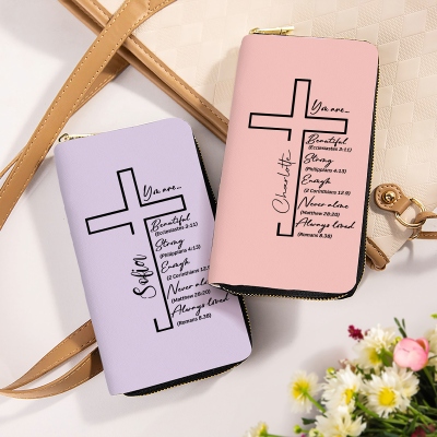 Personalized Cross Bible Verses PU Leather Wallet with Name, Women's Christian Zip Around Clutch Purse, Birthday/Christmas Gift for Her/Mom/Grandma