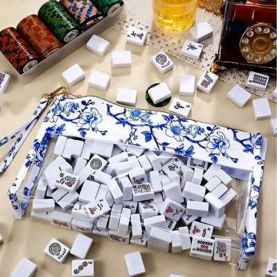 Personalized Blue and White Porcelain Mahjong Storage Bag, Customized Name, Large Capacity Waterproof Transparent Storage Bag, A Gift for Mahjong Lovers