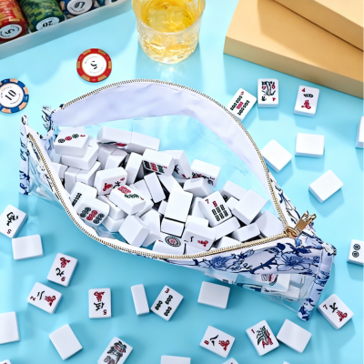 Personalized Blue and White Porcelain Mahjong Storage Bag, Customized Name, Large Capacity Waterproof Transparent Storage Bag, A Gift for Mahjong Lovers