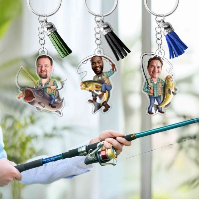 Custom Face Photo Bass Fisherman Keychain with Tassel, Acrylic Fishing Photo Keyring, Birthday/Father's Day Gift for Fishing Lovers/Him/Dad/Grandpa