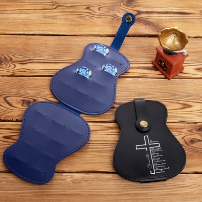 Custom Name Cross Bible Verses Guitar Pick Holder with 3PCS Starry Sky Plectrums, Foldable Leather Guitar Pick Bag, Gift for Music Lovers/Guitarists