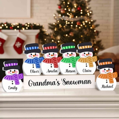 Custom Names 1-10 Snowmen Blocks Sign, Freestanding Snowman Family Ornament with Wooden Base, Tabletop Home Decor, Christmas Gift for Kids/Family