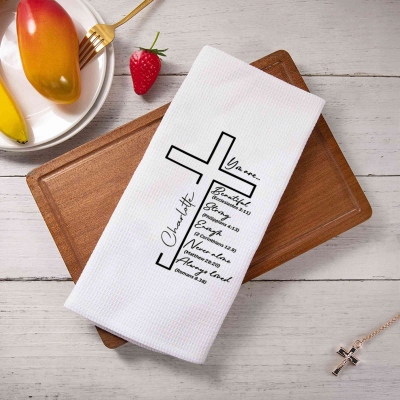Custom Name Cross Bible Verses Waffle Weave Dish Towel, Absorbent Tea Towel, Kitchen Accessory, Housewarming/Christmas Gift for Hostess/Mother/Family