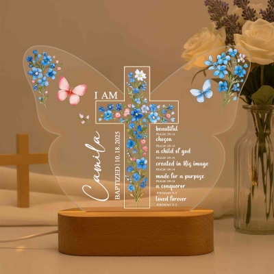Custom Name Cross Bible Verses Floral Butterfly Night Light, Acrylic Night Lamp with Wooden Base, Christening Keepsake, Baptism Gift for Girls/Kids