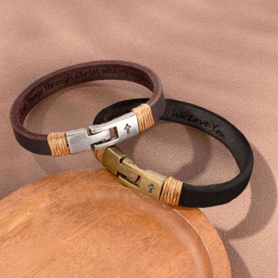 Unisex Cross Leather Bracelet For Men Personalized Gift For Husband Anniversary Dad Engraved Religious Jewelry For Him Men Custom Bracelets