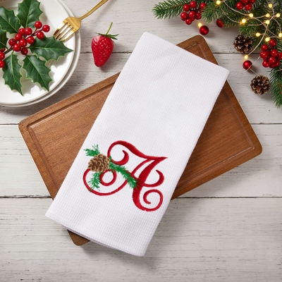 Custom Initial Christmas Pine Cone Waffle Weave Dish Towel, Monogrammed Embroidered Christmas Tea Towel, Housewarming/Christmas Gift for Mom/Family