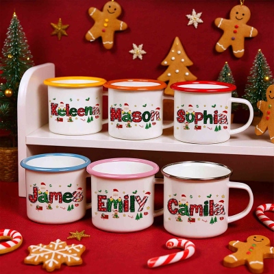 Custom Name Cartoon Christmas Theme Enamel Mug, 12oz Shatterproof Cup with Handle, Cocoa Milk Mug, Christmas Stocking Stuffer, Christmas Gift for Kids