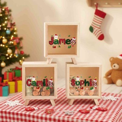 Personalized Cartoon Christmas Theme Piggy Bank with Name, Wooden Clear Window Money Box, Holiday Party Favor, Christmas Gift for Kids/Boys/Girls