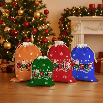 Personalized Name Cartoon Christmas Theme Gift Bag, Canvas Christmas Sack with Drawstring, Holiday Party Favor, Christmas Gift for Kids/Family