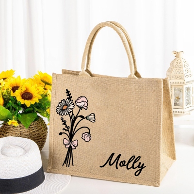 Personalized Name Birth Flower Tote Bag, Large Capacity Jute Bag, Burlap Beach Bag, Bridal Shower Favor, Birthday/Mother's Day Gift for Her/Mom/Women