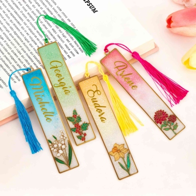 Custom Name Birth Flower Glitter Bookmark with Tassel, Floral Resin Bookmark with Cutting 3D Name, Book Accessory, Birthday Gift for Book Lovers/Women
