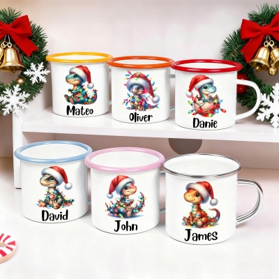 Custom Name Cartoon Dinosaur with Christmas Lights Enamel Mug, 12oz Shatterproof Cup with Handle, Cocoa Milk Mug, Christmas Gift for Kids/Boys/Girls
