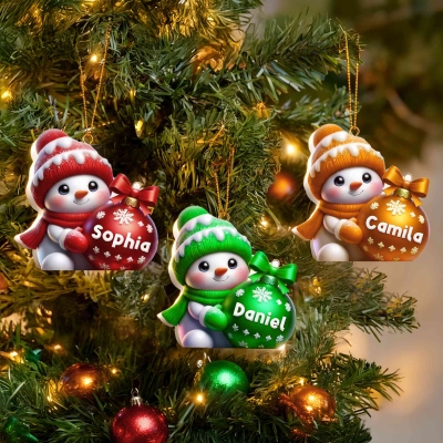 Personalized Name Cartoon Snowman Holding Christmas Ball Ornament, Multicolor Christmas Tree Hanging Decor, Christmas Gift for Kids/Family/Friends