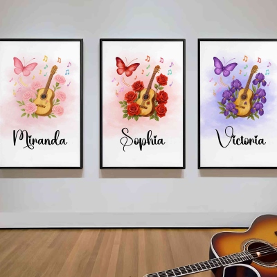 Custom Name Guitar & Birth Flower Wall Art Print, Canvas Poster Frameless Framed Painting Sign, Home Decor, Birthday Gift for Music Lovers/Guitarists