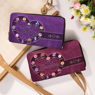 Personalized Names & Birth Flowers PU Leather Wallet, Heart Floral Zip Around Clutch Purse with Phone & Card Holders, Gift for Mom/Grandma/Women