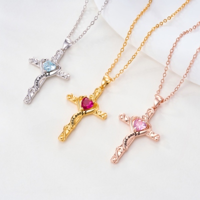 Personalized Birthstone Heart Cross Pendant Necklace, Sterling Silver 925 I Love You Dainty Christian Jewelry, Birthday/Anniversary Gift for Her/Mom