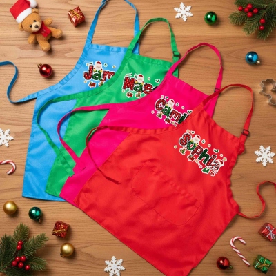 Custom Name Cartoon Christmas Theme Apron Set, Kids' Chef Hat & Adjustable Apron with Pocket, Kitchen Supplies, Christmas Gift for Kids/Boys/Girls