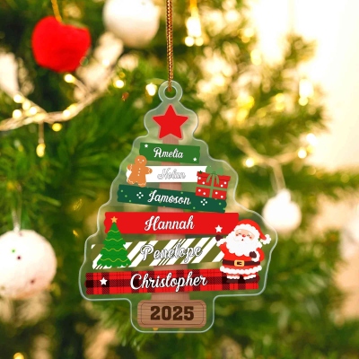 Personalized Cartoon Christmas Tree Ornament with Names & Year, Acrylic Holiday Tree Hanging Decor, Xmas Keepsake, Christmas Gift for Kids/Family