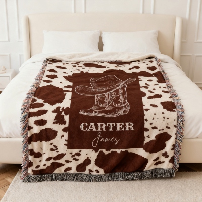 Personalized Name Cowboy Woven Baby Blanket, Western Cowboy Boys Blanket with Tassel, Heirloom Blanket, Birthday/Baby Shower Gift for Newborns/Boys