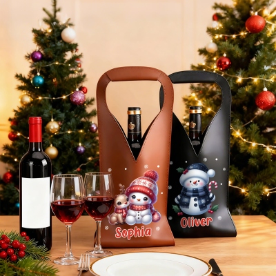 Personalized Cartoon Snowman Design Wine Tote with Name, PU Leather Wine Carrier Bag, Housewarming/Christmas Gift for Wine Lovers/Family/Friends