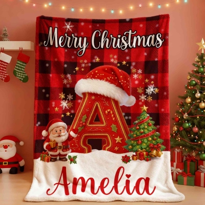 Custom Name Christmas Alphabet Buffalo Plaid Blanket, Flannel/Sherpa Throw for Bed Couch, Winter Seasonal Home Decor, Christmas Gift for Kids/Family