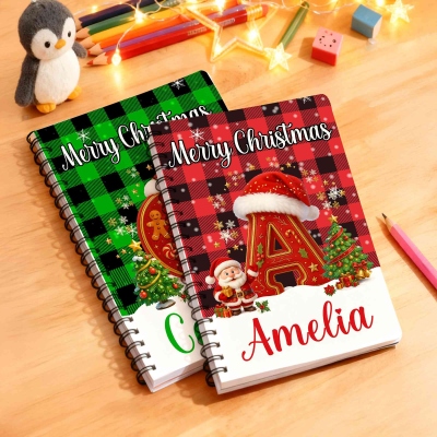 Custom Name Christmas Alphabet Buffalo Plaid Notebook, Multicolor A5 Spiral Notebook, Holiday Stocking Stuffer, Christmas Gift for Kids/Students