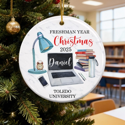 Custom Name First Year at College Christmas Ornament, Ceramic Christmas Tree Hanging Decor, Xmas College Keepsake, Christmas Gift for College Freshmen