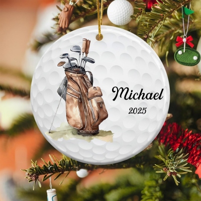 Custom Name Golf Club & Cart Bag Christmas Ornament, Ceramic Christmas Tree Hanging Decor, Xmas Golf Keepsake, Christmas Gift for Golf Lovers/Players
