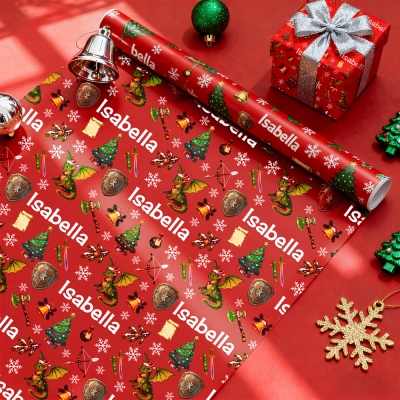 Custom Name Adventure Merry Christmas Wrapping Paper, Merry Christmas Gift Packaging for DND Players, Xmas Party Supplies Christmas Wrapping Sheets