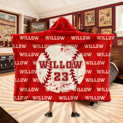 Personalized Sports Ball Design Hooded Blanket with Name & Number, Arctic Fleece Blanket Hoodie, Birthday/Christmas Gift for Sports Lovers/Teammates