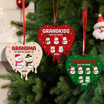 Personalized Name 1-8 Cute Snowmen Heart-Shaped Wooden Ornament/Fridge Magnet with Text, Home Decor, Housewarming/Christmas Gift for Family/Friends