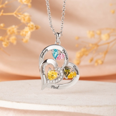 Personalized Engraved Family Necklace with 1-10 Heart-Shaped Birthstones and Names, Dainty Jewelry, Mother's Day/Christmas/Birthday Gift for Women