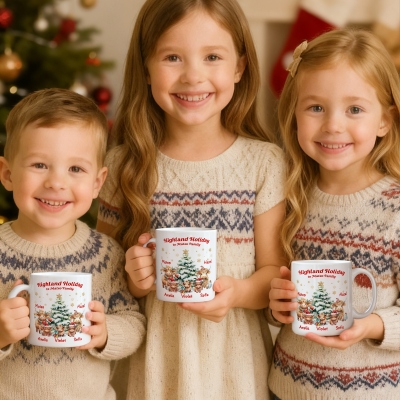 Personalized Highland Cow Family Christmas Mug with Names, 11oz Two Tone Ceramic Mug for Hot Cocoa Milk Coffee, Housewarming/Christmas Gift for Family