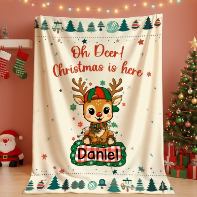 Custom Name Oh Deer Cartoon Christmas Reindeer Blanket, Flannel/Sherpa Throw for Bed Couch, Home Decor, Birthday/Christmas Gift for Kids/Boys/Girls