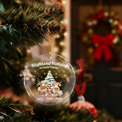 Personalized Highland Cow Family Christmas Ornament with Names, Acrylic Holiday Tree Hanging Decor, Housewarming/Christmas Gift for Family/Kids