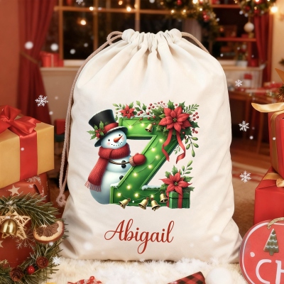 Personalized Name Snowman Alphabet Christmas Gift Bag, Canvas Santa Sack with Drawstring, Holiday Party Favor, Christmas Gift for Kids/Family