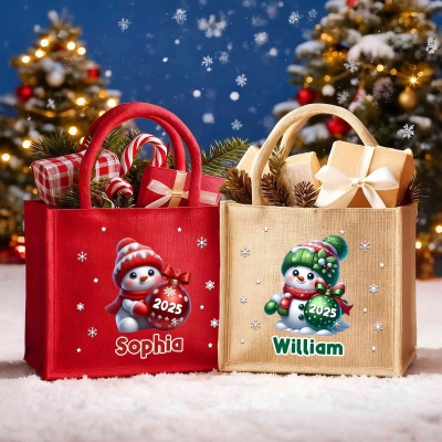 Personalized Name Cartoon Snowman with Bauble Design Tote Bag, Large Capacity Jute Bag, Holiday Party Favor, Christmas Gift for Kids/Family/Friends