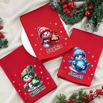 Custom Name Cartoon Snowman with Bauble Christmas Napkin, Party Dinner Red Napkin, Kitchen Accessory, Housewarming/Christmas Gift for Hostess/Family