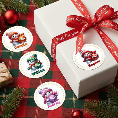Custom Name Cartoon Snowman & Bauble Christmas Stickers, Round Holiday Gift Labels, Package/Envelope Decals, Christmas Gifts for Kids/Family/Friends