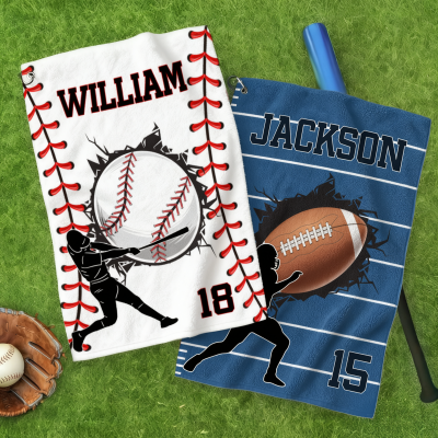 Personalized Name & Number Sports Ball Design Towel, Multicolor Microfiber Sweat Towel with Carabiner Clip, Gift for Sports Lovers/Players/Coaches