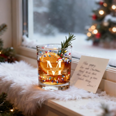 Personalized Name & Initial Christmas Lights Wine Glass, 10oz Bourbon Whiskey Old Fashioned Glass, Housewarming/Christmas Gift for Dad/Husband/Family