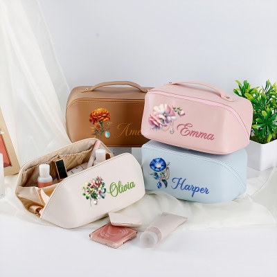 Personalized Name Gemstone Birth Flower Travel Makeup Bag, Open Flat Leather Cosmetic Bag with Divider & Handle, Gift for Her/Mom/Bridesmaids/Women