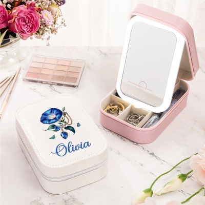 Custom Name Gemstone Birth Flower Makeup Box with 3-Color LED Light Mirror, Travel Makeup Jewelry Box, Birthday/Wedding Gift for Her/Bridesmaids/Women