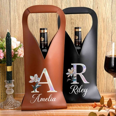 Personalized Name Mother of Pearl Initial Birth Flower Wine Tote, Leather Wine Carrier Bag, Housewarming/Christmas Gift for Wine Lovers/Family/Friends