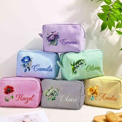 Personalized Name Gemstone Birth Flower Striped Makeup Bag, Travel Cosmetic Bag, Birthday/Mother's Day/Wedding Gift for Her/Mom/Bridesmaids/Women