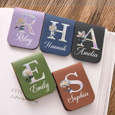Personalized Name Mother of Pearl Initial Birth Flower Leather Bookmark, Magnetic Bookmark Clip, Birthday/Christmas Gift for Book Lovers/Readers/Women