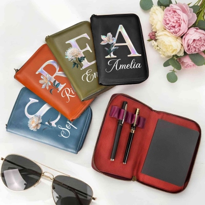 Custom Name Mother of Pearl Initial Birth Flower Travel Padfolio with Pen Holder, A6 Leather Journal Organizer, Zippered Notepad Case, Gift for Women