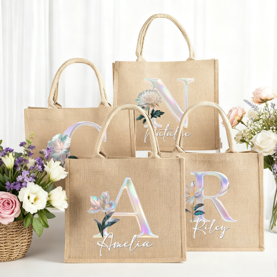 Personalized Name Mother of Pearl Effect Initial Birth Flower Tote Bag, Large Capacity Jute Bag, Birthday/Wedding Gift for Her/Mom/Bridesmaids