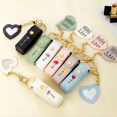Custom Name & Birth Flower Leather Lipstick Case Keychain with Heart-Shaped Mirror, Makeup Accessory, Birthday/Wedding Gift for Her/Mom/Bridesmaids